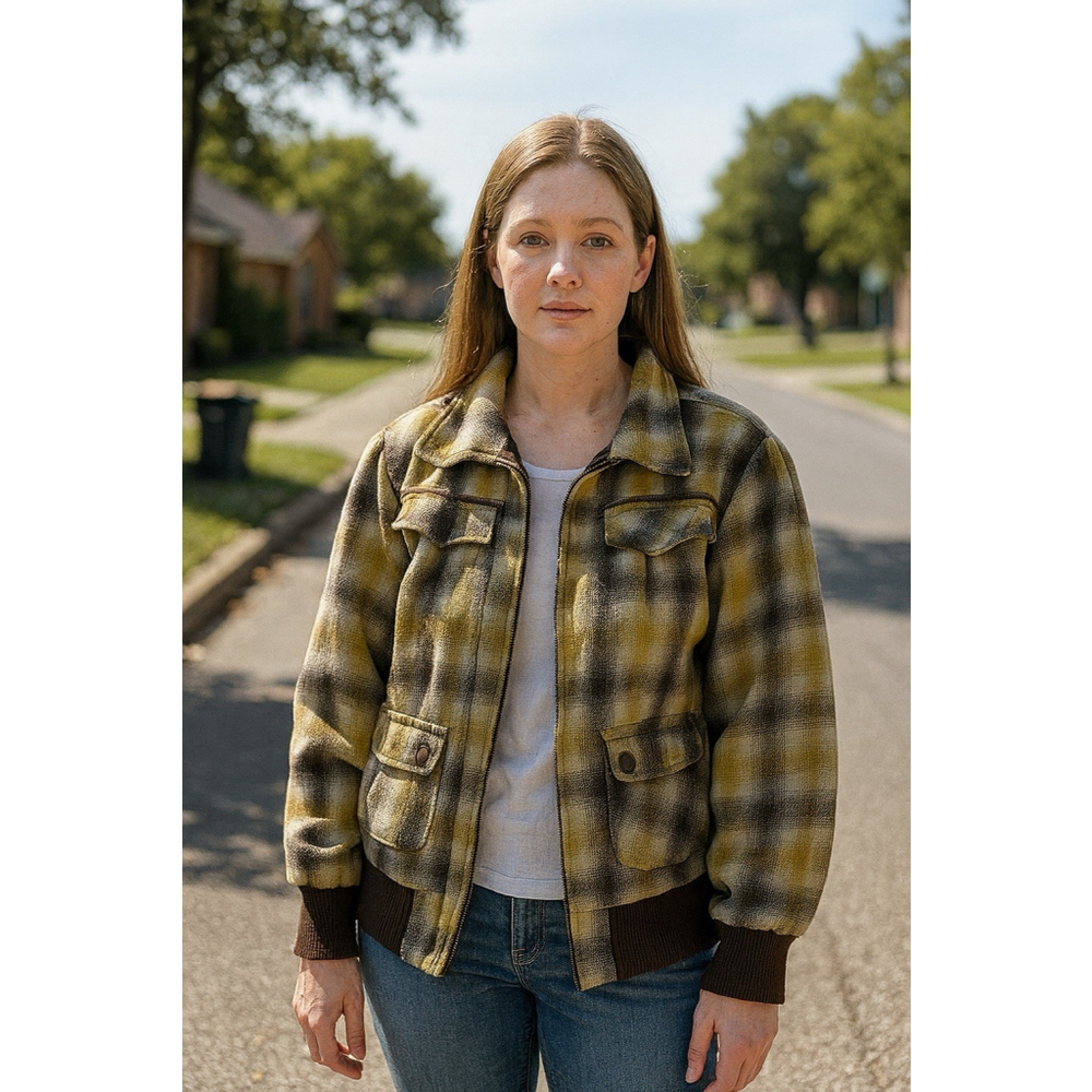 VTG 90’s Y2K Caren Sport Large Plaid Wool Bomber Jacket Brown Yellow Zip Front